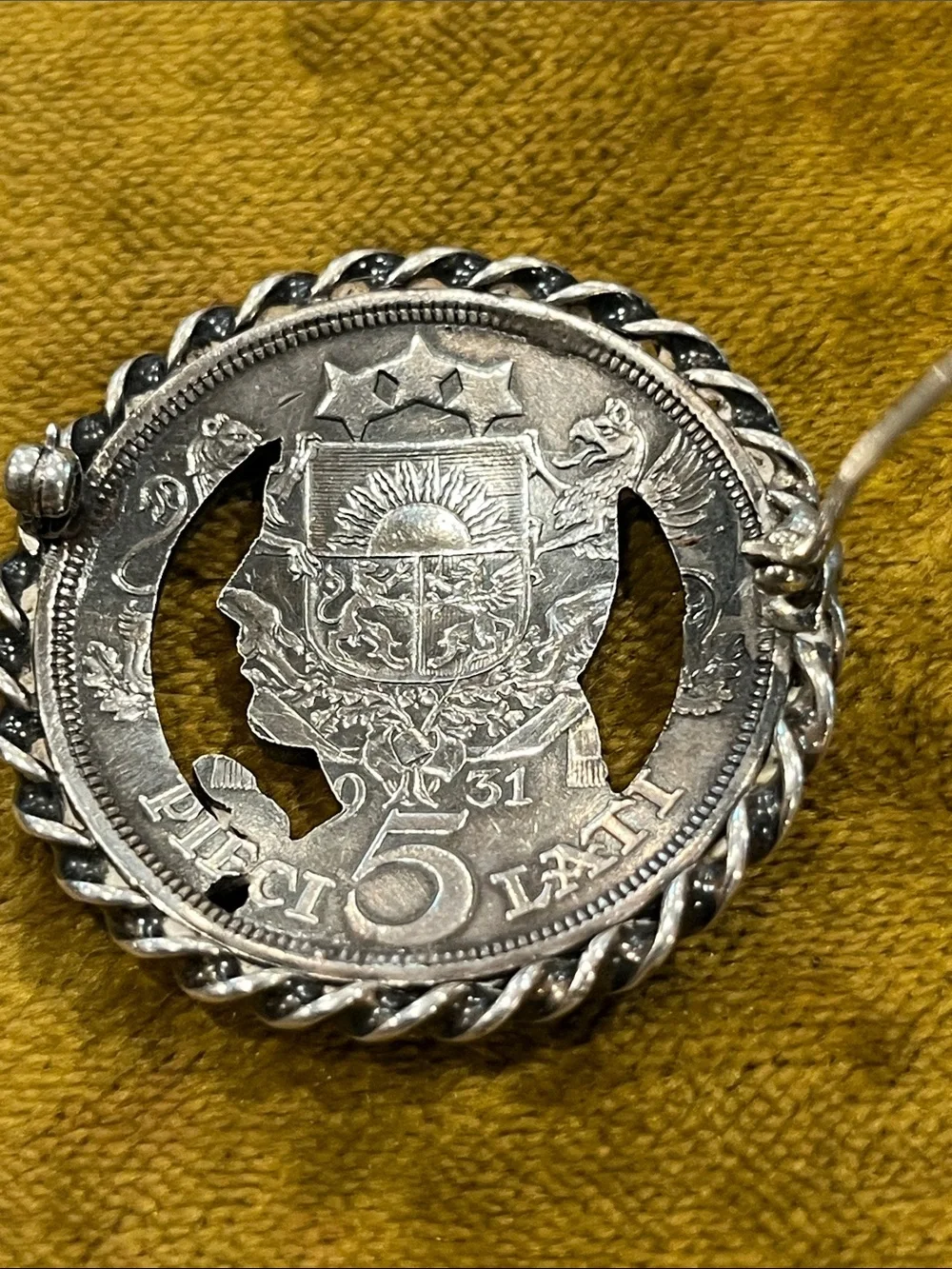 Vintage Sterling Silver 1931 Latvia 5 Lati Coin Brooch Pin | Handcrafted